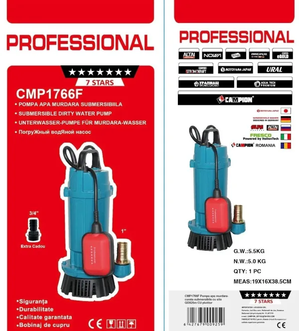 Pompa submersibila apa murdara cu plutitor, 750w, 1hp, 3mc/h, 25m inaltime, 2860rpm, Campion PROFESSIONAL CMP1766F