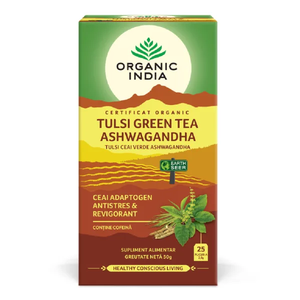 Ceai Bio Tulsi Ashwagandha si Ceai Verde, 25 plicuri, Organic India