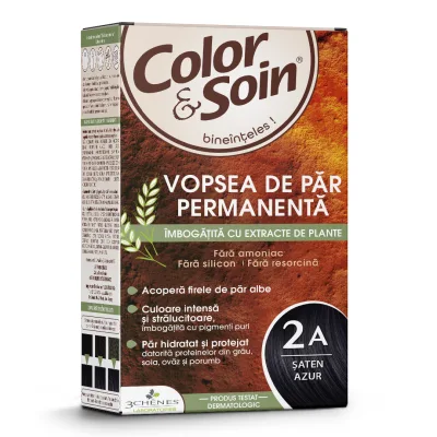 Vopsea de par fara amoniac, fara silicon, saten azur, 2A, Color&amp;Soin