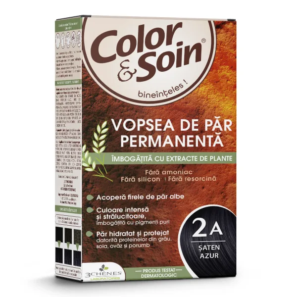 Vopsea de par fara amoniac, fara silicon, saten azur, 2A, Color&amp;Soin