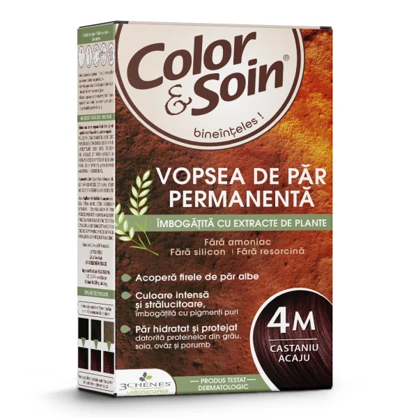 Vopsea de par fara amoniac, fara silicon, castaniu acaju, 4M, Color&amp;Soin