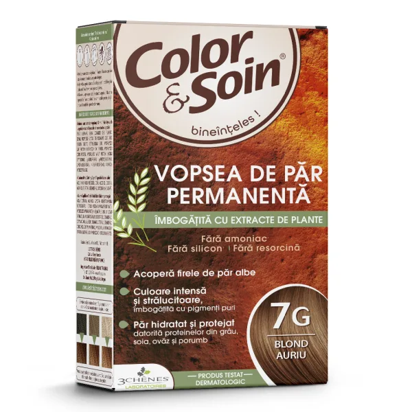 Vopsea de par fara amoniac, fara silicon, blond auriu, 7G, Color&amp;Soin