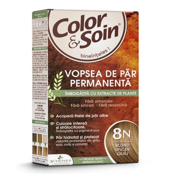 Vopsea de par fara amoniac, fara silicon, blond spic de grau, 8N, Color&amp;Soin